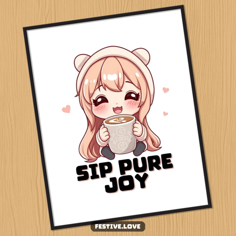 Funny poster art of a character joyfully sharing a steaming mug of hot cocoa, creating a warm and inviting atmosphere.