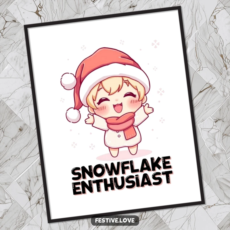 Funny poster featuring a cute character in a Santa hat joyfully throwing sparkling snowflakes, bringing winter cheer indoors.