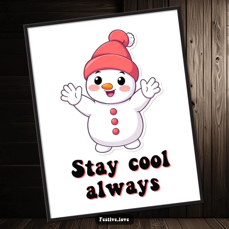 Funny smiling snowman poster art of a happy cartoon snowman character waving enthusiastically, perfect for festive wall decor.