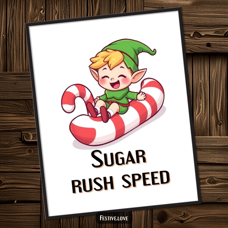 Funny happy elf character grinning while sliding down a giant candy cane, displayed as a poster, offering humorous sweet wall art.