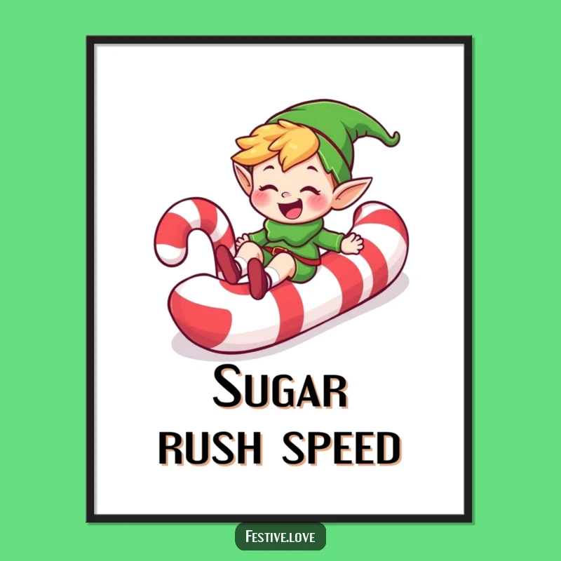 Funny Elf Candy Cane Slide Poster: Grinning Adventure Art for Sweet Wall Decor Gift!