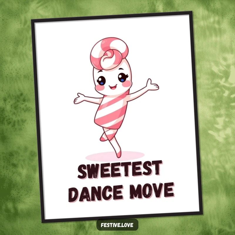 Funny kawaii candy cane poster, playful pirouette, cheerful holiday art for festive room decor.