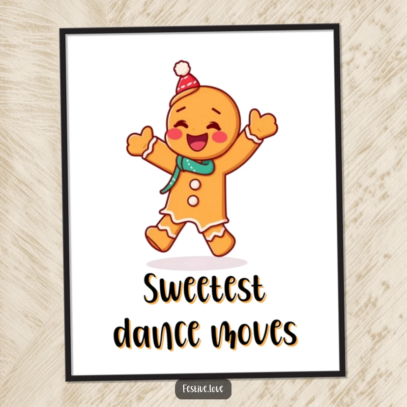 Funny poster print of a giggling gingerbread man character doing a festive jig, adding lively holiday decor and humor.