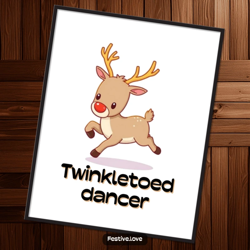 Funny kawaii reindeer with twinkling antlers, prancing gleefully, ideal for magical and festive wall decor.