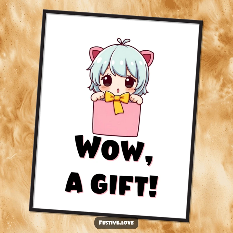 Funny character poster unwrapping a brightly colored gift, surprised expression, joyful wall art, a great funny gift.
