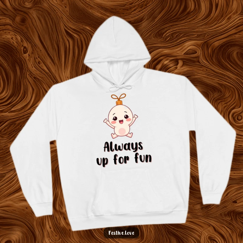 Funny Hoodie: A festive ornament character happily bouncing with holiday cheer and cozy warmth.