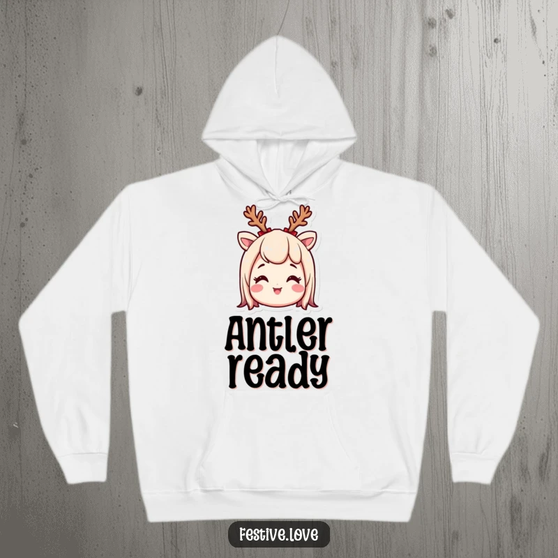 Funny, warm hoodie with a smiling character wearing a cute reindeer antler headband, looking very excited, perfect for festive lounging.