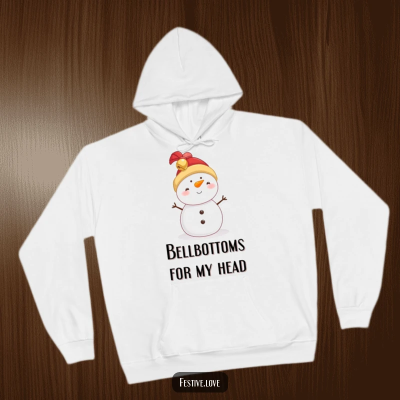 Funny snowman hoodie featuring a cute character in a jingly bell hat, perfect for cozying up during winter.