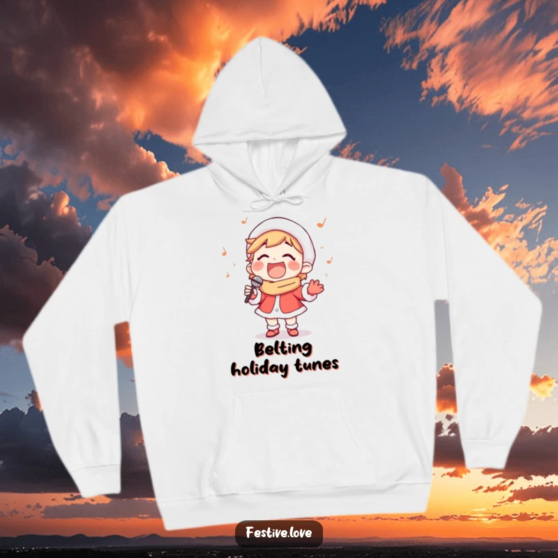 Funny hoodie featuring a happy carol singer character singing with a wide, beaming smile, perfect for cozy holiday melodies.