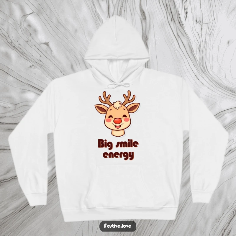 Funny reindeer hoodie featuring a character with rosy cheeks and a big grin, perfect for cozying up during winter.