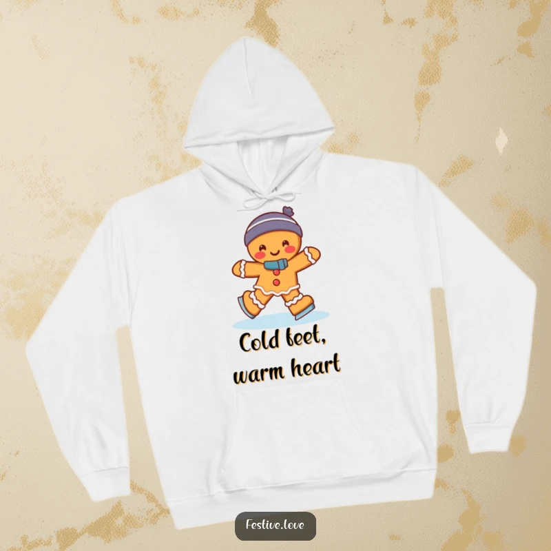 Funny gingerbread man ice skating with a joyful wobble, printed on a cozy hoodie, a humorous and warm holiday gift.