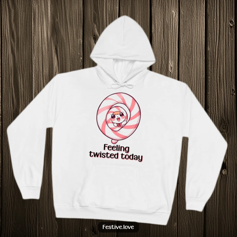 Funny Hoodie: A candy cane character in a spiral of pure delight, offering warmth and festive cheer.