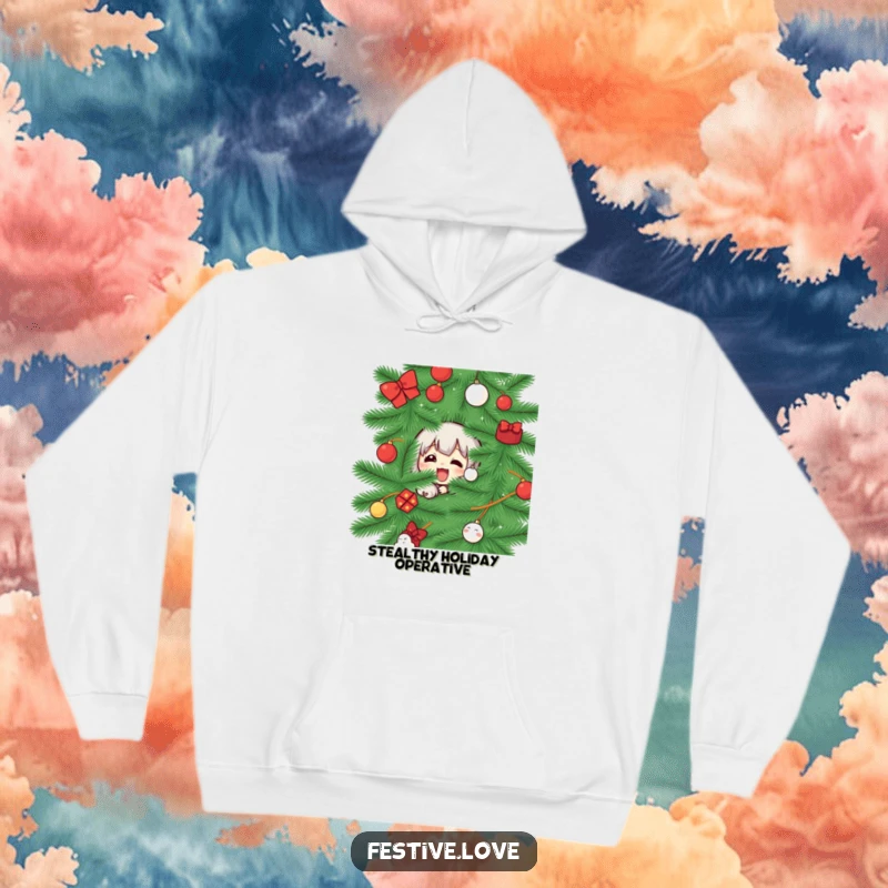 Funny hoodie with a character peeking from behind a Christmas tree, symbolizing playful hiding and holiday fun, a warm gift.