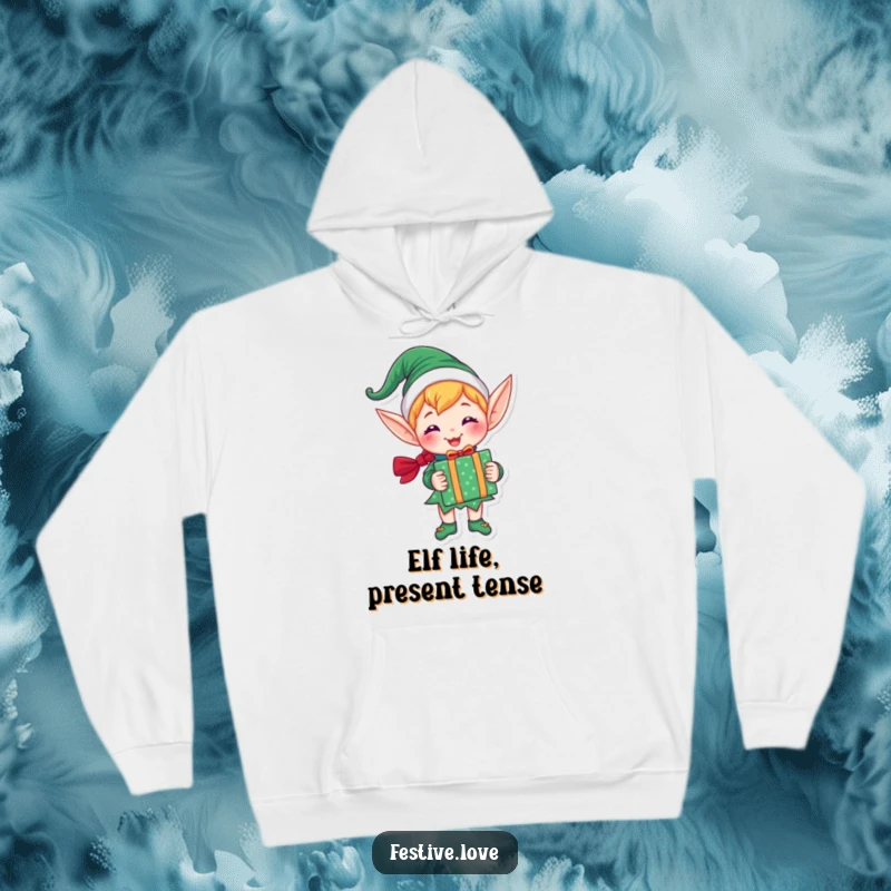 Funny hoodie featuring a cheerful elf character holding a brightly wrapped gift, perfect for staying warm and festive during holidays.