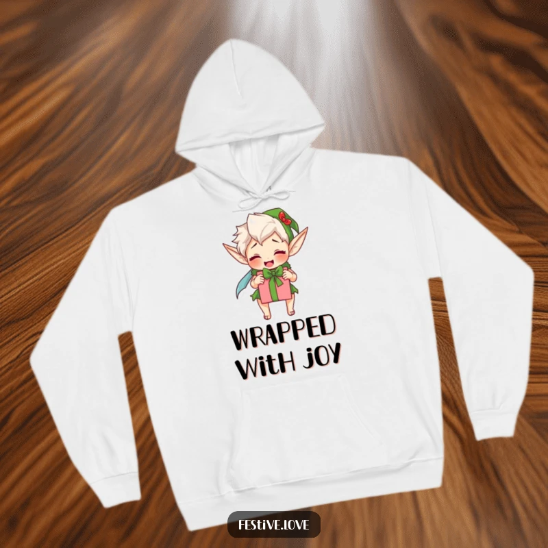 Funny elf hoodie featuring an excited character wrapping a present, perfect for cozying up during the holiday season.