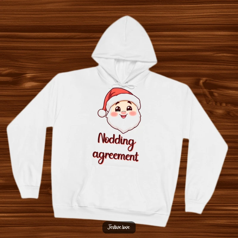 Funny Santa hat character hoodie nodding cheerfully, offering cozy comfort and abundant festive holiday spirit. A warm embrace.