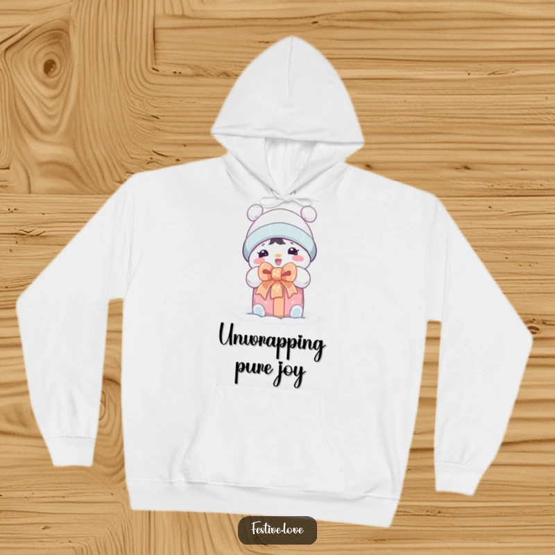 Funny hoodie with a cute, bundled snow character ecstatically opening a large, ribboned gift box with pure delight.