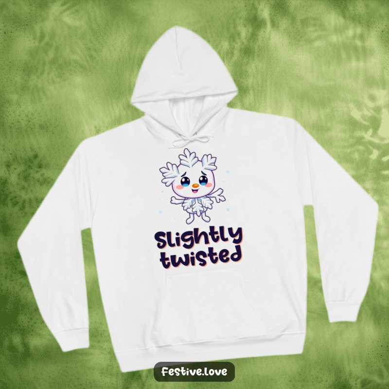 Funny snowflake character hoodie creating a tiny swirl, offering cozy warmth and embodying playful winter mischief. Stay snug and stylish.