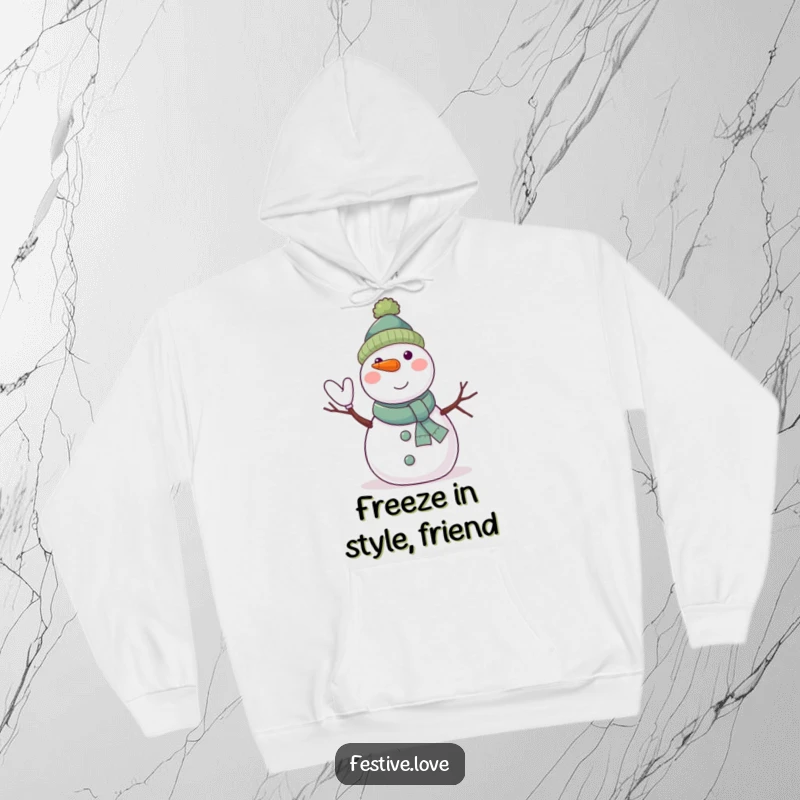 Funny snowman hoodie featuring a jolly character waving with twig arms and a carrot nose, perfect for staying warm.