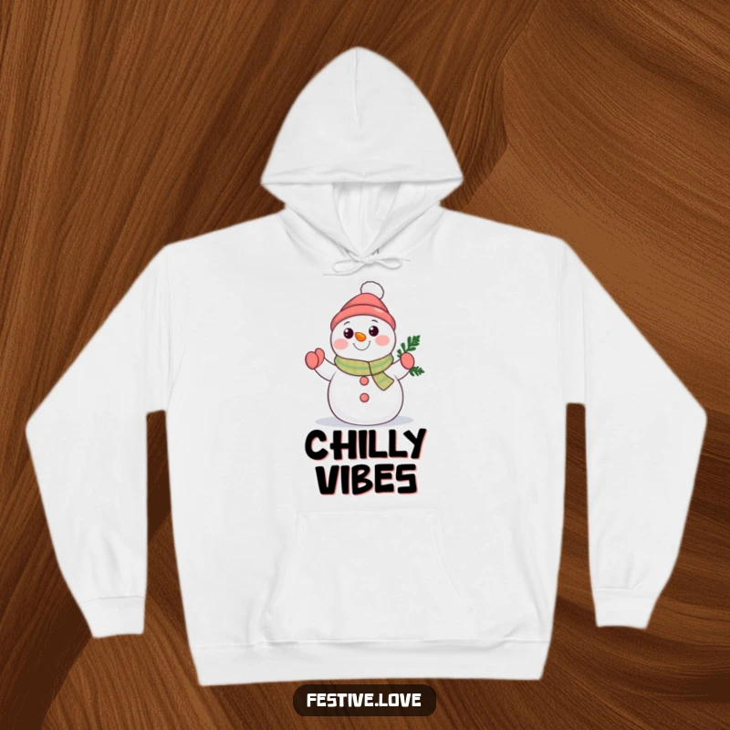 Funny snowman character hoodie waving a tiny evergreen branch, offering cozy warmth and abundant wintery cheer. Huggable happiness.