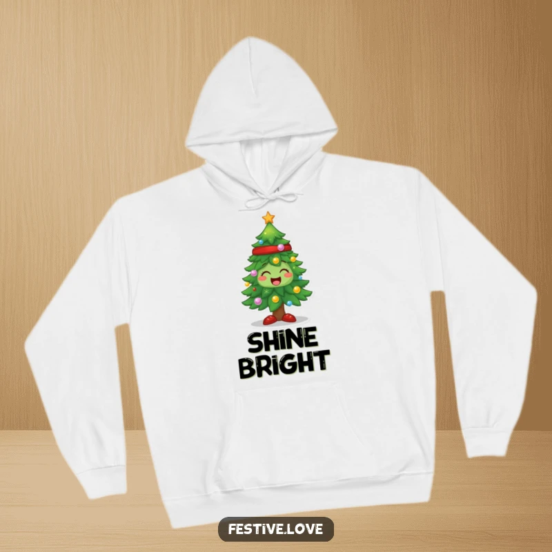 Funny Christmas tree hoodie featuring a sparkling character, perfect for cozying up during the festive season.