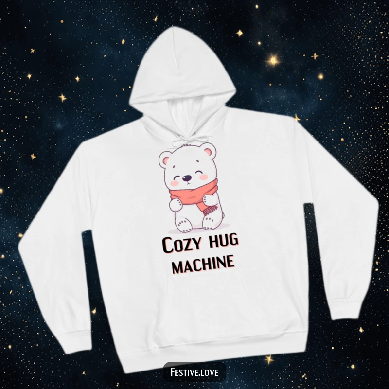 Funny Hoodie: A kawaii polar bear in a small scarf gives a big, warm hug, embodying comfort and adorable humor.
