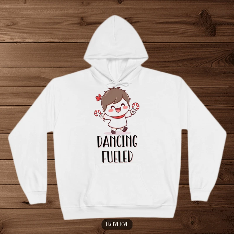 Funny hoodie with a cheerful character dancing with tiny candy canes and a wide smile, perfect for cozy holidays.