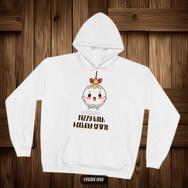 Funny hoodie with a surprised Christmas ornament character spinning rapidly, offering warmth and a touch of holiday excitement.