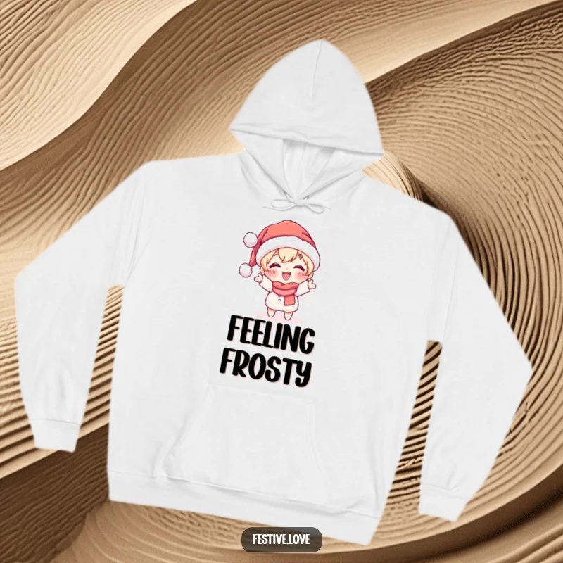 Funny hoodie with a cute Santa hat-wearing character joyfully throwing a handful of sparkling snowflakes, perfect for cold weather.