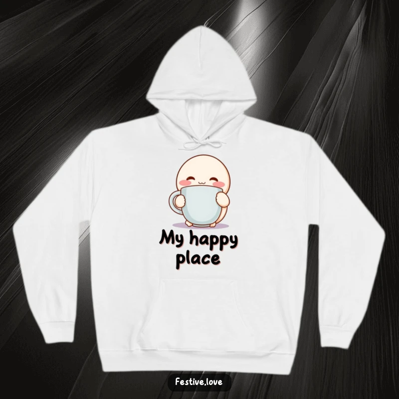 Funny hoodie featuring a round, rosy-cheeked character with pure delight, embracing a steaming mug, perfect for cold weather.