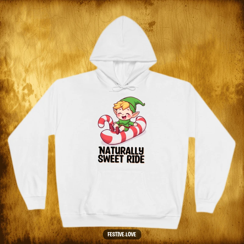 Funny happy elf character grinning while sliding down a giant candy cane, on a warm hoodie, a humorous festive gift.