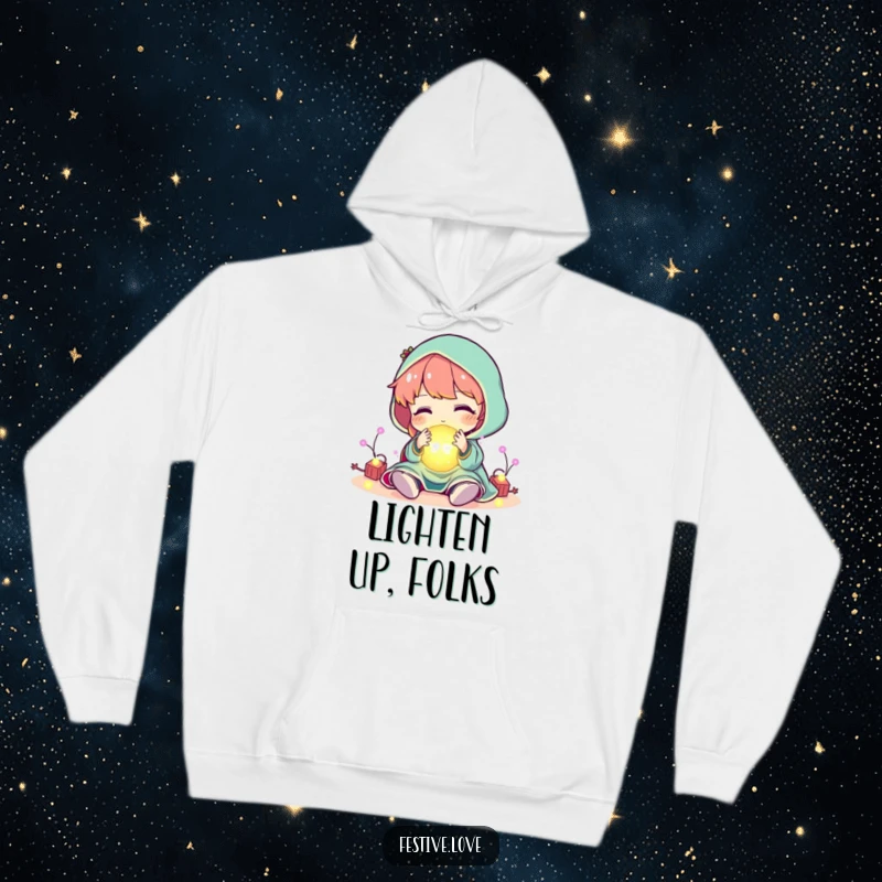 Funny character playing with a ball of glowing, festive lights, on a warm hoodie, a humorous and cozy holiday gift.
