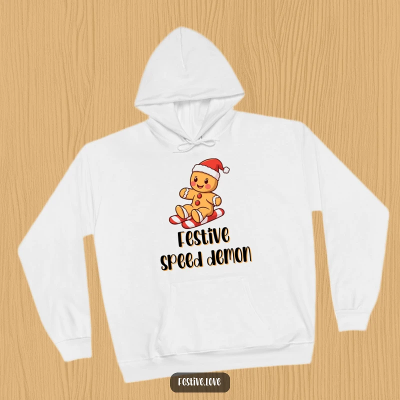 Funny gingerbread man hoodie with a cheerful cookie sliding down a candy cane, bringing cozy holiday spirit.