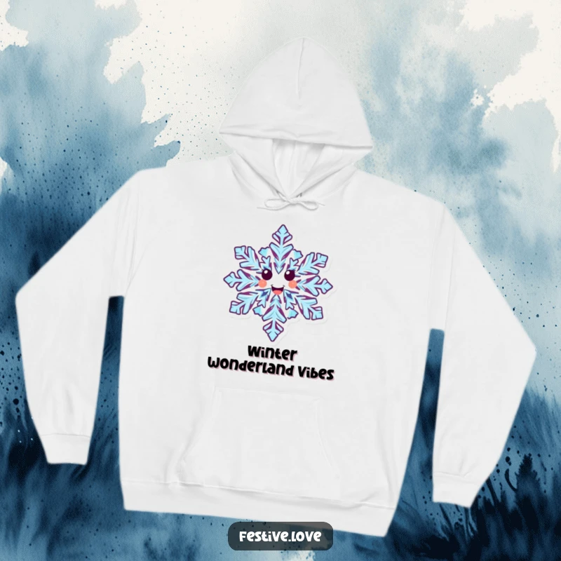 Funny hoodie depicting a content snowflake character, adorned with intricate patterns, gleefully spinning in a winter wonderland.