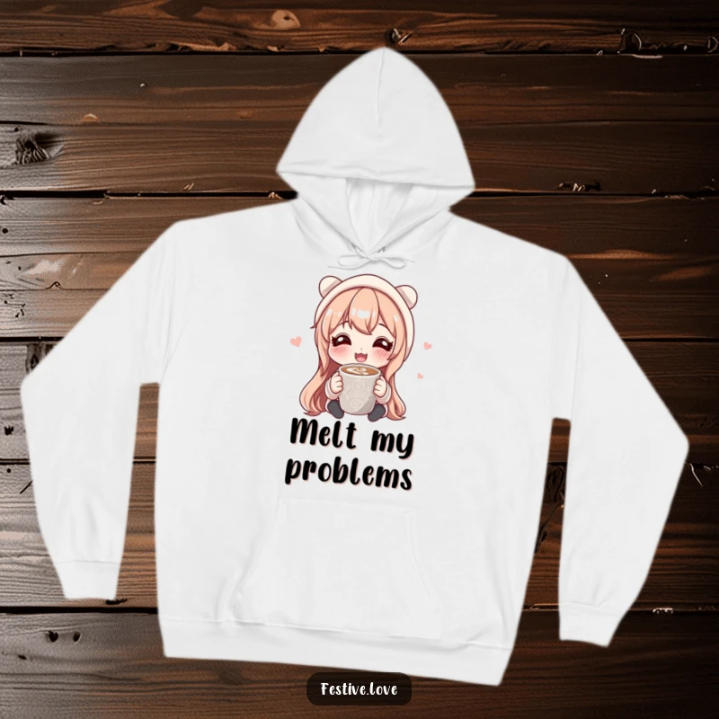 Funny hoodie showing a contented character sharing a generous mug of hot cocoa, perfect for staying warm and spreading joy.