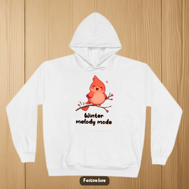 Funny hoodie depicting a plump, red cardinal character in full song, perched happily on a snow-laden branch.