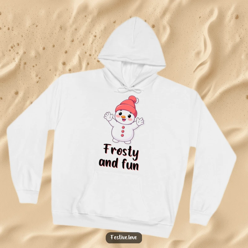 Funny smiling snowman hoodie featuring a happy cartoon snowman character waving enthusiastically, perfect for cozy winter comfort.