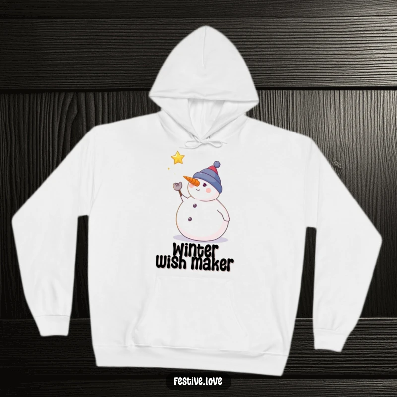 Funny snowman hoodie featuring a happy snowman looking up at a falling star, symbolizing cozy winter dreams.