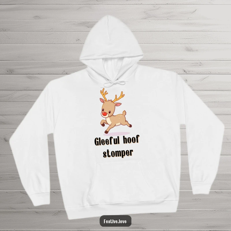Funny kawaii reindeer with twinkling antlers, prancing gleefully, featured on a warm and soft hoodie.