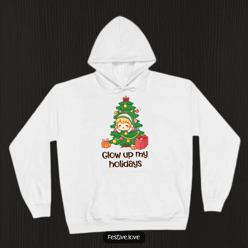 Funny hoodie depicting a happy character adorning a Christmas tree with festive baubles, radiating warmth and holiday merriment for cozy wear.