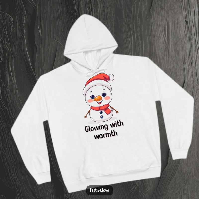 Funny hoodie design of a jolly snowman character whose carrot nose is emitting a bright, warm glow.