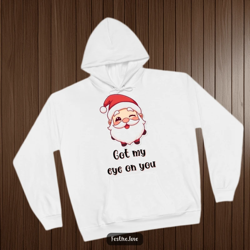 Funny hoodie showcasing Santa Claus with a big, happy wink, perfect for cozy holiday vibes.