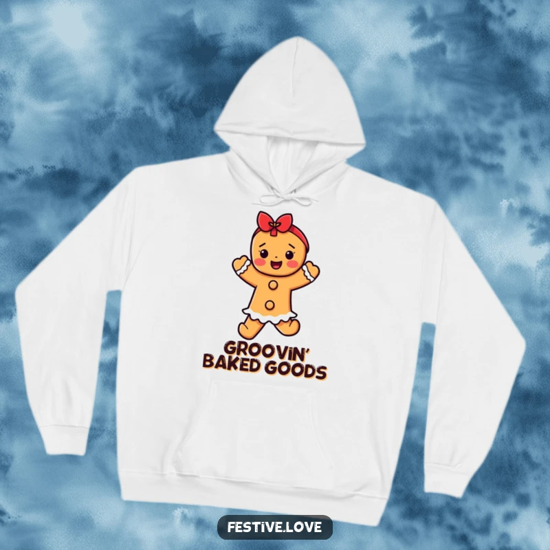 Funny gingerbread dancer hoodie, a cheerful character performing a happy dance, perfect for staying warm and festive.