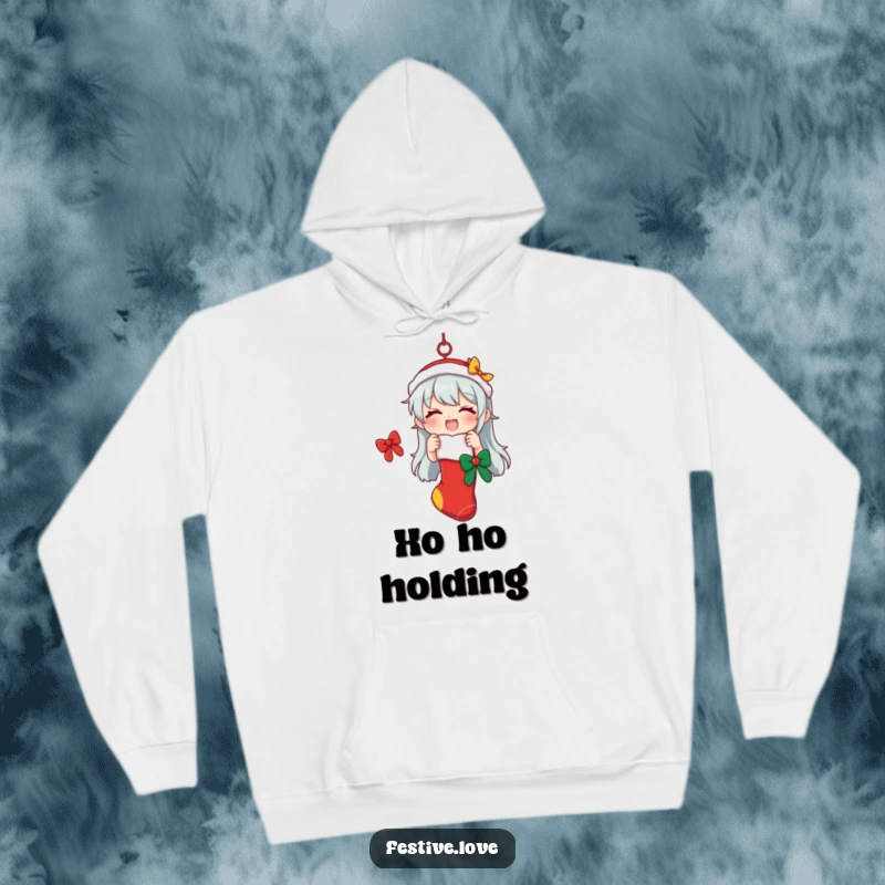 Funny hoodie featuring a character hanging a festive stocking, symbolizing holiday cheer and cozy comfort, a warm gift.