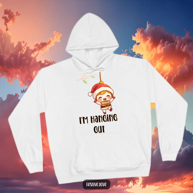 Funny hoodie featuring a giggling Christmas ornament character swinging merrily, providing warm and festive holiday comfort.
