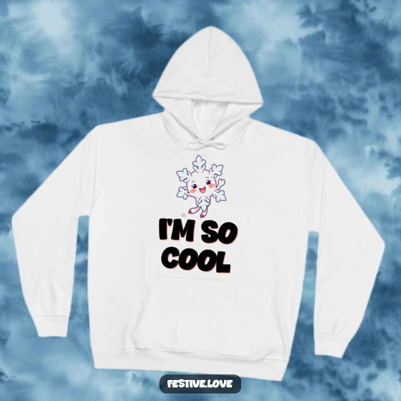Funny hoodie featuring a happy snowflake character twirling in the air, offering warm and whimsical winter comfort.