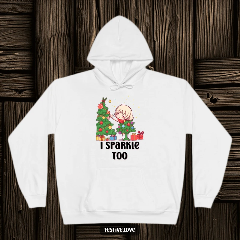Funny character decorating a Christmas tree, tossing ornaments with glee, printed on a warm hoodie, a humorous holiday gift.
