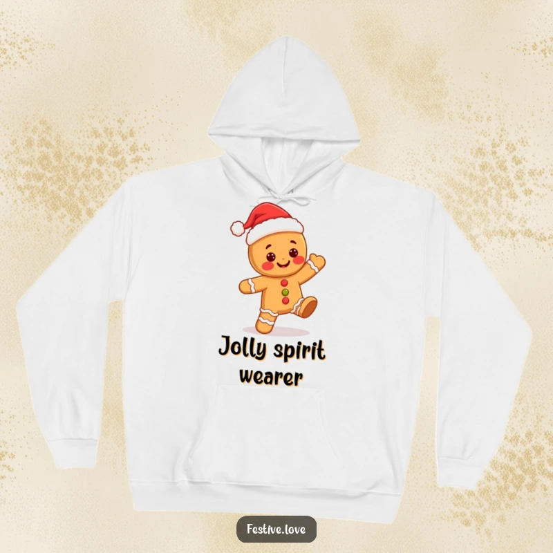 Funny kawaii gingerbread man wearing a Santa hat, dancing merrily, featured on a warm and soft hoodie.