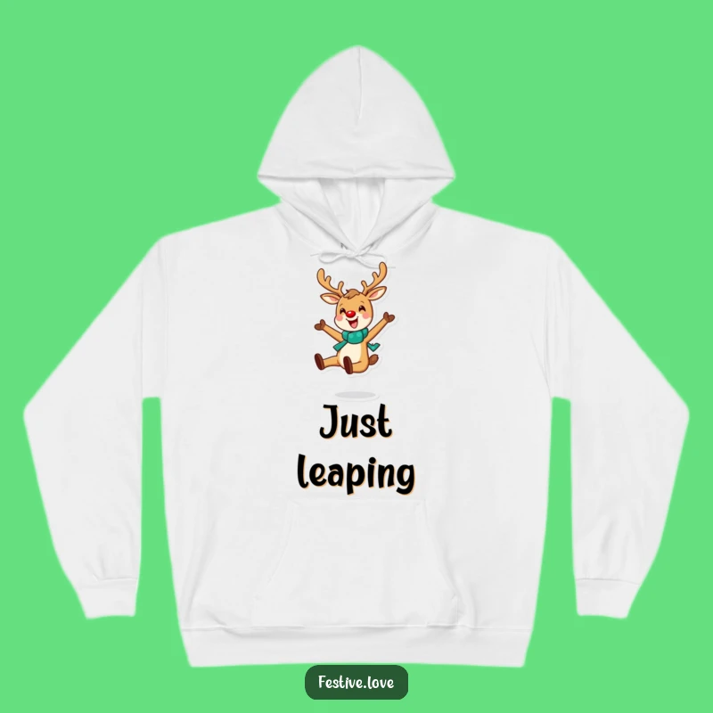 Cozy Funny Reindeer Leap Hoodie: Warm Holiday Spirit and Joyful Character Comfort