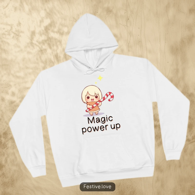 Funny, warm hoodie with a character casting a spell using a candy cane as a wand, radiating a happy, magical Christmas glow.